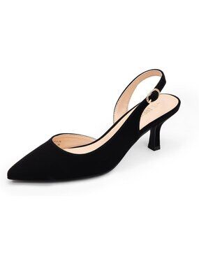 Womens Black Faux Leather Kitten Slingback Low Heels Casual Dress Shoes Pumps